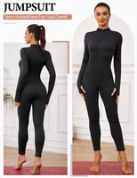 1 x RAW Customer Returns Svanco Sport Jumpsuit Women s Long Tight Yoga Jumpsuit Long Sleeve Elegant One-Piece V-Neck Bodysuit with Zip Slim Fit Tracksuit Tight Fitness Outfit - RRP €26.54