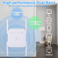 1 x RAW Customer Returns WLAN repeater WLAN amplifier 1200 Mbit s dual band 2.4 GHz 5 GHz WiFi booster with repeater router access point mode, 4 antennas, easy setup, WiFi range extender with LAN WAN port - RRP €36.29