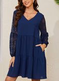 1 x RAW Customer Returns Women s Lace Lantern Long Sleeve Swing Dress with Pockets V-Neck A-Line Casual Dress Elegant Dresses Women s Festive Ball Gown Summer Dress XXL, Dark Blue  - RRP €25.1