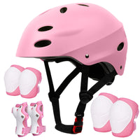 1 x RAW Customer Returns SAMIT knee pads children 7 in 1 set with skater helmet, inline skates protectors for children adjustable children s protective equipment set 5-12 years for skateboard roller skates scooter sport light pink gray - RRP €26.21