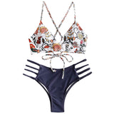 3 x RAW Customer Returns ZAFUL Women s Two Piece Bikini Set with Braided Strap Adjustable Bra Push-Up Back, Triangle Solid Color Swim Trunks with Floral Pattern Blue-2, L  - RRP €90.72