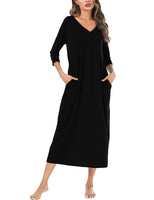 1 x RAW Customer Returns Leversic Women s Nightgown V-Shaped Nightgowns in Cotton with Pockets, Women s Clothes Comfortable Loose Solid Color Homewear 3 4 Long Sleeve XXL Black - RRP €22.18