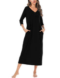 1 x RAW Customer Returns Leversic Women s Nightgown V-Shaped Nightgowns in Cotton with Pockets, Women s Clothes Comfortable Loose Solid Color Homewear 3 4 Long Sleeve XXL Black - RRP €22.18