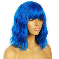 1 x RAW Customer Returns LANCAINI Wavy Wig With Bangs Women s Short Wigs Curly Wavy Bob Synthetic Cosplay Wig for Girls Daily Use Colorful Wigs Blue  - RRP €20.16