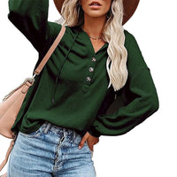 1 x Brand New HESUUIO Women s Pullover Hoodie V-Neck Hoodie Women s Button Down Neck Long Sleeve Pullover Sweatshirt with Hood Loose Casual Top Tops Green L - RRP €29.23