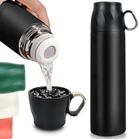 1 x RAW Customer Returns Thermos flask 0.5 l, stainless steel drinking bottle, leak-proof with cup and handle, double-walled vacuum thermos bottle, insulated bottle for coffee, tea, for on the go sports children school baby black  - RRP €18.98