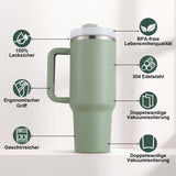 1 x RAW Customer Returns PRAOAHEI 40oz Thermal Mug with Straw and Handle, 1180 ML Double-Walled Stainless Steel Hot Cold Drinks Vacuum Drinking Cup, Coffee Mug for Home Travel Matcha Green - RRP €27.22