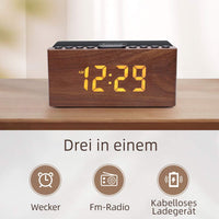 1 x RAW Customer Returns ANJANK digital radio alarm clock made of wood with wireless charging station, 10W fast wireless charger for iPhone Samsung Galaxy, LED display with 5-level dimmer, USB charging port, clock radio without ticking, brown - RRP €39.99