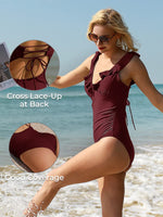 2 x Brand New Summer Mae Women s 1 Piece Swimsuit V Neck Ruffle Belly Control Monokini Wine Red M - RRP €67.96