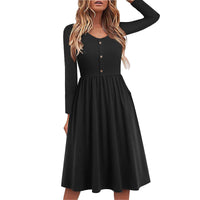 1 x RAW Customer Returns Yageshark Women s Midi Dress Long Sleeve Dress Round Neck Plain Dresses Knee-Length Button Casual Dress Z-Black, X-Large  - RRP €26.41