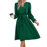 1 x RAW Customer Returns Yageshark Dresses for Women Midi Dress Long Sleeve V-Neck Plain Shirt Dress Elegant Casual Women Tunic Dress Green, S  - RRP €27.99