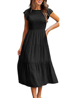 1 x RAW Customer Returns Yuson Girl Dress Women s Summer Dress Long Casual Round Neck Flutter Sleeve Maxi Dresses Summer Knee-Length Beach Dress Elastic Waist Long Dresses Tiered Ruffle A Line Dress Black, L  - RRP €46.99