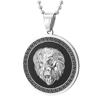 1 x RAW Customer Returns COOLSTEELANDBEYOND Stainless Steel Lion Head Circle Pendant Necklace with Zirconia, Black Onyx, Greek Key Pattern, Silver Black - RRP €21.17