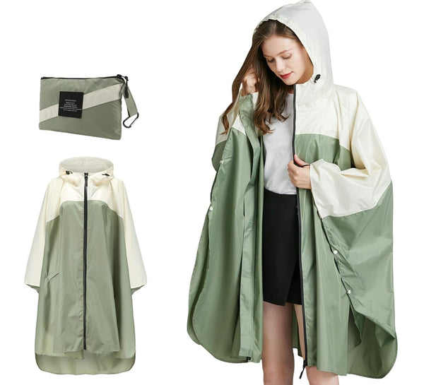 1 x RAW Customer Returns Acramy Waterproof Rain Poncho Women s Outdoor Rain Jacket Festival Raincoat with Hood Green White  - RRP €28.98