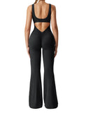 1 x RAW Customer Returns ZAAYO Women Flared Jumpsuit Tight Scrunch Butt Overalls Long Sleeveless Sports Backless Jumpsuit Yoga Bodycon One Piece Full Body Suit Stretch Elegant Jumpsuits Black X-Small - RRP €40.72