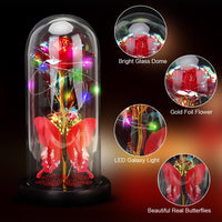 8 x Brand New Yuragim Eternal Rose in Glass, Mother s Day Gifts for Dad, Beauty and the Beast Rose with LED Light and Greeting Card, Galaxy Rose and 3D Butterfly in Glass Dome, Mother Women - RRP €163.2