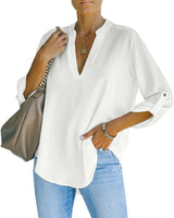 1 x RAW Customer Returns NONSAR Women Henley Blouse Elegant V Neck Roll Up Sleeves Casual Style White XL - RRP €28.99