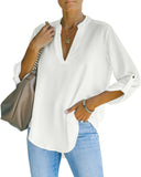 1 x RAW Customer Returns NONSAR Women Henley Blouse Elegant V Neck Roll Up Sleeves Casual Style White XL - RRP €28.99