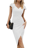 1 x RAW Customer Returns Missufe Women s Cocktail Dress Party Midi Dress Summer Elegant Bodycon Vintage Ruffle Dress White, M  - RRP €48.99