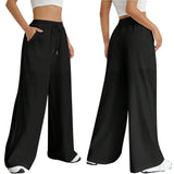 1 x RAW Customer Returns Nuofengkudu Summer Wide Pants Women s Summer Pants Light Pockets Drawstring Elastic Loose Elegant Long Yoga Pants High Waist Casual Pants Comfortable Airy Bootcut Slip-On Pants Palazzo Relax Pants Black L - RRP €22.99