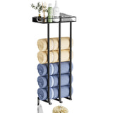 1 x RAW Customer Returns Ovicar Bathroom Towel Rack - Wall Mounted Rolled Towels Storage with Metal Shelf and 3 Hooks, 3 Rods, Wall Towel Rack for Small Bathroom, Bath Towel Organizer Black  - RRP €33.25