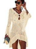 1 x RAW Customer Returns Women s Crochet Knitted Swimsuit Cover Up Summer Beach Dress Bikini Cover Up Blouse Knitted Tunic Kaftan Top One Size, A - Beige  - RRP €19.99