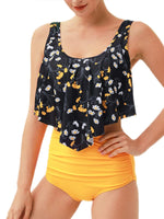 1 x Brand New Summer Mae Women s Flounce High Waist Bikini Set Printed Swimsuit Black Yellow Flowers XXL - RRP €18.73