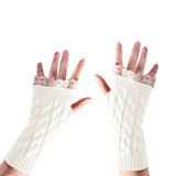 1 x Brand New SUNTRADE Women Knitted Arm Warmers Winter Fingerless Thumb Hole Mitten Soft Gloves with Lace Black Medium - RRP €27.6