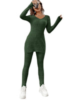 1 x RAW Customer Returns GORGLITTER Two-piece women s long-sleeved knitted leggings and T-shirt set, trouser suit, knitted suit, 2-piece set, autumn leisure suit, dark green M - RRP €31.25