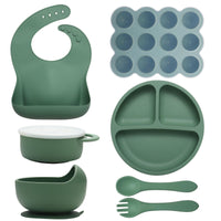 4 x Brand New Silicone children s tableware set with suction cup, 7-piece tableware set with plate, bib, bowl, spoon, fork, baby food freezing cup, baby snack cup, for toddlers, children - RRP €103.96