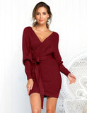 1 x RAW Customer Returns Vancavoo knitted dress women s sweater dress V-neck elegant long-sleeved sweater winter dress knitted sweater dress bodycon mini dress sexy backless tunic dress with belt for autumn winter, red wine L - RRP €32.87