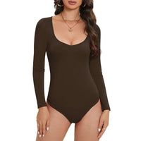 1 x RAW Customer Returns Durio Body Women s Elegant Body Long Sleeve V-Neck Bodysuit Women Sexy Slimming Top Body Brown M - RRP €21.67