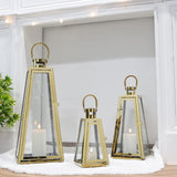 1 x RAW Customer Returns TRIROCKS Set of 3 Stainless Steel Candle Lanterns 54 40 27.5 cm H Metal Candle Holder for Outdoors Decorative Hanging Lantern with Tempered Glass for Home Living Room Parties Indoors Gold Triangle  - RRP €117.53