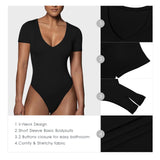 1 x RAW Customer Returns RoomTour Women s Short Sleeve Bodysuit V-Neck Thong Tops for Women Bodycon Jumpsuit 1-Black M - RRP €27.22