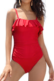 1 x Brand New SHEKINI Women s One-Piece Swimsuit Ruffle Bandeau Tummy Control Swimwear Adjustable Backless Slim Beachwear L, Red  - RRP €32.87