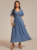 1 x RAW Customer Returns Ever-Pretty Wedding Guest Dress Appliqued Missing Ruffled Sleeves V-Neck Muslin Denim Blue 42 - RRP €81.99