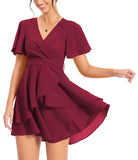 1 x RAW Customer Returns DEARCASE Women s Elegant Dress Retro Solid Color Floral Short Sleeves Casual Summer Cocktail Evening Party Evening Dresses with Waist Belts, Wine Red S - RRP €26.54