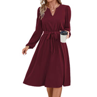 1 x RAW Customer Returns Yageshark Dresses for Women Midi Dress Long Sleeve V-Neck Plain Shirt Dress Elegant Casual Women Tunic Dress Wine, S  - RRP €28.99