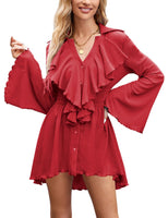 1 x Brand New MAYFASEY Women s Button Down Ruffle Pleated Shirt Dress Long Sleeve High Low Hem Mini Dress Casual Swing Dress, Red, XL - RRP €27.6