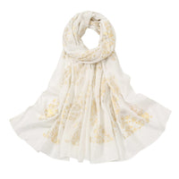 9 x Brand New KAVINGKALY Fashion Scarf for Women Gold Leaf Flower Print Scarf Ladies Long Shawl Wrap Lightweight Scarves All Seasons White  - RRP €205.2