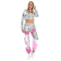 1 x RAW Customer Returns IMEKIS Women s Shiny Metallic Tracksuit Jogging Suit Sports Suit Long Sleeve Hooded Crop Top and Cargo Pants 2 Piece Trouser Suit House Suit Nightclub Performance Dancewear Silver-Pink Small - RRP €45.26