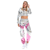 1 x RAW Customer Returns IMEKIS Women s Shiny Metallic Tracksuit Jogging Suit Sports Suit Long Sleeve Hooded Crop Top and Cargo Pants 2 Piece Trouser Suit House Suit Nightclub Performance Dancewear Silver-Pink Small - RRP €45.26