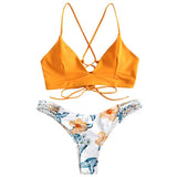 1 x RAW Customer Returns ZAFUL two-piece bikini set with braided strap, adjustable bra, push-up back, triangle bustle swimming trunks with floral pattern yellow, M  - RRP €35.99