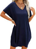 1 x RAW Customer Returns Beluring Women s Loose Tunic Dress V-Neck Short Sleeve Dresses With Pockets Navy Blue XXL - RRP €30.74