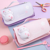 1 x RAW Customer Returns Pencil Case for Girls Pencil Case Cat Animal with 4 Pens Pouch Canvas Kids High Capacity for Students Teens Boys Multicolor Pink School Bags Set - RRP €32.4