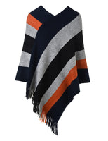 12 x Brand New Ferand - Women s Knitted Pullover Poncho - Stole, Elegant Shawl, Large Striped and Fringed Design, Warm - One Size - Navy Blue and Black - RRP €374.16