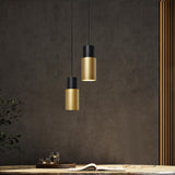 1 x RAW Customer Returns Ouglres hanging lamp black gold, pendant lamp 1 flame wood, industrial cylinder hanging lamp kitchen island, aluminum lampshade, vintage pendant lamp e27 for bedroom, dining room, bar, height adjustable - RRP €40.8