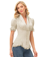 1 x RAW Customer Returns Women s Medieval Lace Shirt V-Neck Slim T-Shirt Short Sleeve Tops Apricot S - RRP €30.24