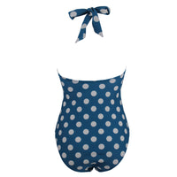 1 x RAW Customer Returns VILOREE Rockbilliy 50s Women s One Piece Swimsuit Swimwear Monokini Halterneck Tummy Control Blue with White Polka Dots-2 L - RRP €28.02