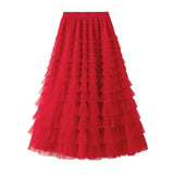 1 x RAW Customer Returns SotRong Women s Tulle Skirt, Multi-Layer Pleated Skirt with Elastic Waist, Long Tiered Skirt, Mesh Tutu, Voluminous Princess Skirt for Party, A-Red, One Size - RRP €33.26